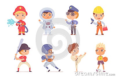 Kid professions set. Boys with professional occupations vector illustration. Children as fireman, astronaut, police Vector Illustration