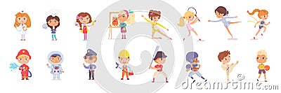 Kid professions and sports set. Boys and girls with occupations vector illustration. Fireman, astronaut, police, builder Vector Illustration