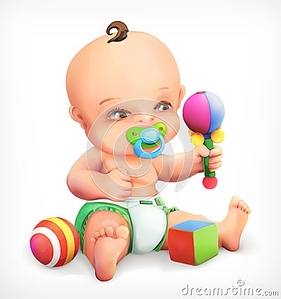 Kid with a rattle and pacifier Vector Illustration