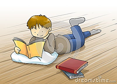 Kid reading a book cartoon illustration Cartoon Illustration