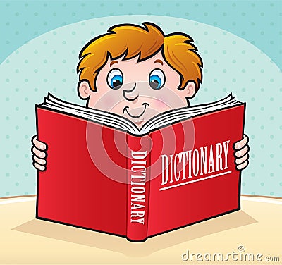 Kid Reading A Large Red Dictionary Cartoon Illustration