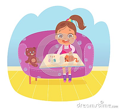 Kid reading open story book with laugh vector illustration. Cartoon little childr sitting in chair with teddy bear, cute Vector Illustration