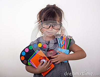 Kid ready for school. Cute clever child in eyeglasses holding school supplies: pens, notebooks, scissors and apple. Stock Photo