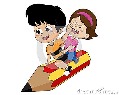 Kid riding a big pencil. Vector Illustration