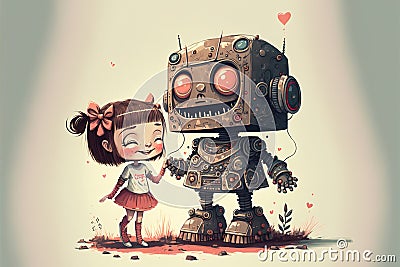 Kid and robot having fun, little girl plays with her funny android, illustration, generative AI Cartoon Illustration