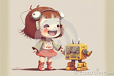 Kid and robot having fun, little girl plays with her funny android, illustration, generative AI Cartoon Illustration