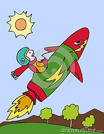 Kid on Rocket Ship Vector Illustration