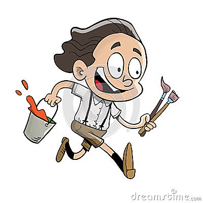 Kid running with bucket of paint and paintbrushes Vector Illustration