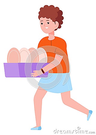 Kid running with clean dishes box. Kid helping parents Vector Illustration