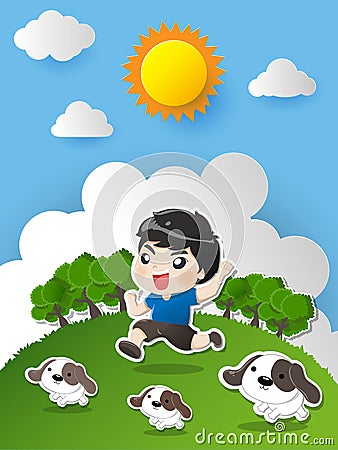 Kid running in the garden with dog Vector Illustration