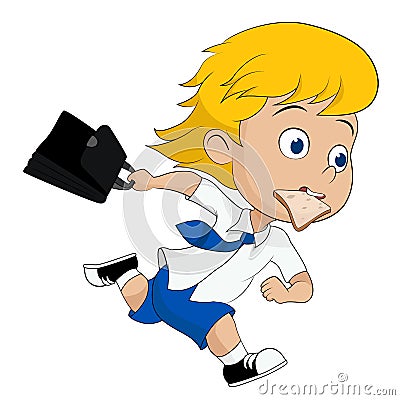 Kid running hurry because he late to go to school. Vector Illustration