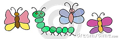Kidâ€™s drawing. Color butterflies and caterpillar hand drawn. Vector illustration Vector Illustration