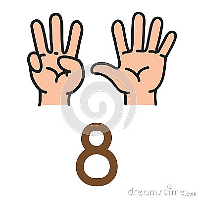 Kid`s hand showing the number eight hand sign. Vector Illustration