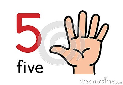 5, Kid`s hand showing the number five hand sign. Vector Illustration