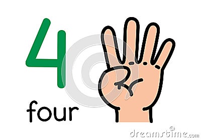 4, Kid`s hand showing the number four hand sign. Vector Illustration