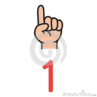 Kid`s hand showing the number one hand sign. Vector Illustration