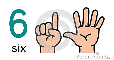 6, Kid`s hand showing the number six hand sign. Vector Illustration