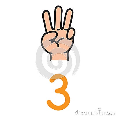 Kid`s hand showing the number three hand sign. Vector Illustration