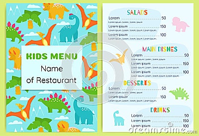 Kid`s menu with dinosaurs. Design vector template. Vector Illustration