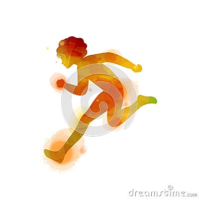 Kid`s running silhouette on watercolor background. Runner vector illustration. Digital art painting. Vector Illustration