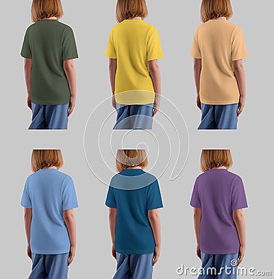 Kid's t-shirt template for a blonde girl, colorful streetwear for design, pattern, branding, back view Stock Photo