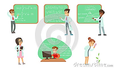Kid Scientists Set, Boys and Girls in Lab Coats Doing Science Research and Writing Formulas on Chalkboard Vector Vector Illustration