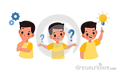 Kid searches idea process. Boy solves challenge, student child in thinking process, question mark, gears and ideas light Vector Illustration