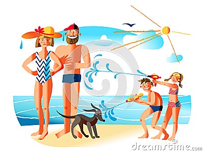 Kid shooting into dog, parent from water pistol Vector Illustration