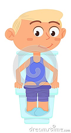 Kid sitting in toilet. Boy pooping. Cute cartoon character Vector Illustration