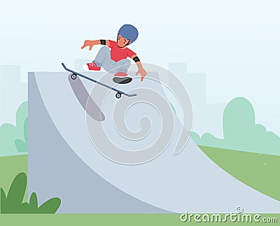 Kid Skateboarding Outdoor Activity. Little Boy in Safety Helmet Jumping on Skateboard at Park. Skateboarder Child Vector Illustration