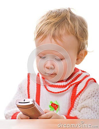 Kid with a smartphone on white Stock Photo