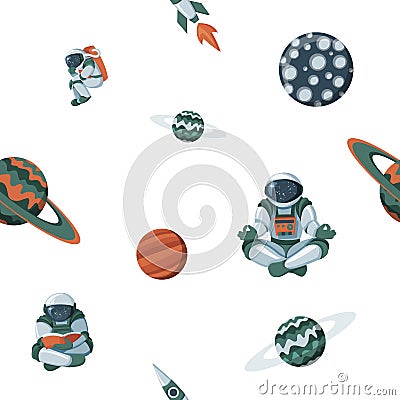 Kid space with planets and spaceships. Flat cartoon cosmos science pattern Vector Illustration