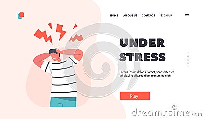 Kid Stress Landing Page Template. Furious Boy Gnash Teeth with Flashes over Head, Feel Depression and Headache, Migraine Vector Illustration