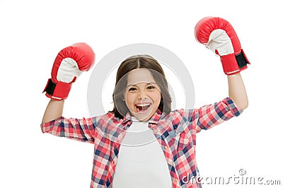 Kid strong and independent girl. Feel powerful. Girls power concept. Feminist upbringing and female rights. Fight for Stock Photo