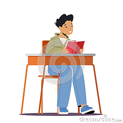 Kid Student in School Classroom, Little Schoolboy Character Sitting at Desk with Open Textbook in Hands Reading Lesson Vector Illustration