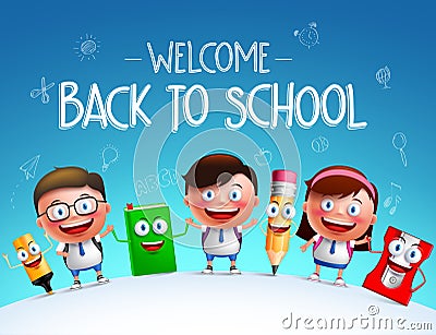 Kid students vector characters and funny school items mascot Vector Illustration