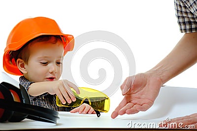 Kid studio little boy builder, isolated Stock Photo