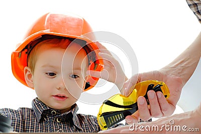 Kid studio little boy builder, portrait Stock Photo