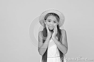 kid summer fashion. ready for beach party. holiday mood. small girl on vacation. rancho child in straw hat. little cutie Stock Photo