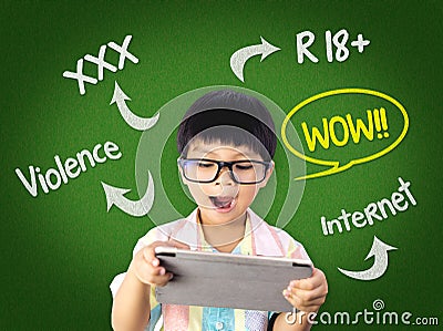 Kid is surprising on Dangerous content on Internet Stock Photo