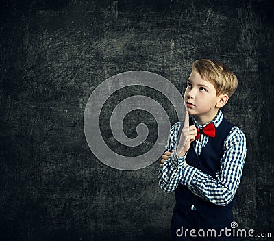 Kid Thinking Over School Blackboard, Child Boy Think Education Stock Photo