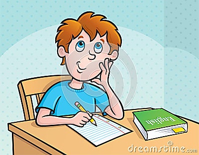 Kid Thinking What To Write Cartoon Illustration