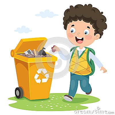 Kid Throwing Garbage In Trash Bin Vector Illustration