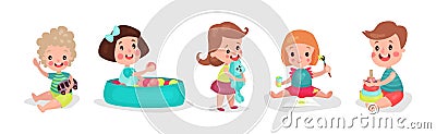 Kid Toddlers Playing with Toys in Nursery Room Vector Set Vector Illustration