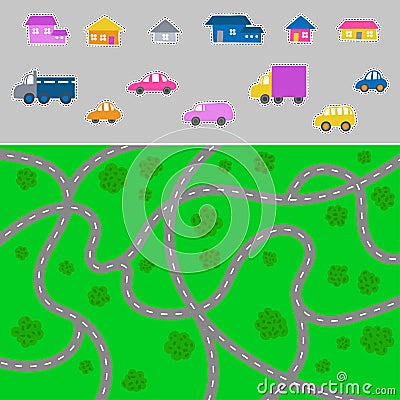 Kid town map - vector city pattern for children and elements for creating a town. Vector Illustration