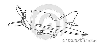 Kid Toy cute Plane. Baby boy airplane in cartoon outline style. Drawing of jet for coloring book or logo. Black line on Vector Illustration