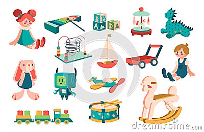 Kid toys. Cartoon cute children dolls and robots for play and education. Baby infant and toddler transport. Musical Vector Illustration