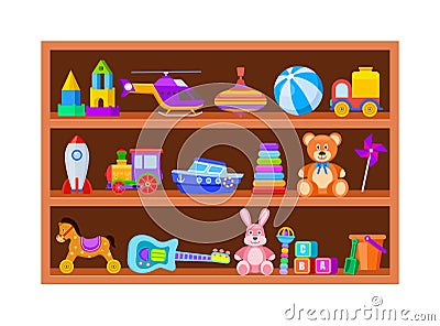 Kid toys on shelves. Children toy on wooden shop shelf in playroom. Cartoon ball and train, whirligig and guitar vintage Vector Illustration