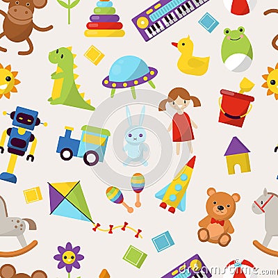 Kid toys vector illustration cartoon cute graphic play childhood gift childhood pattern seamless background Vector Illustration