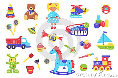 Kid toys vector illustration set, cartoon flat cute plastic toy for children play collection with preschool child funny Vector Illustration